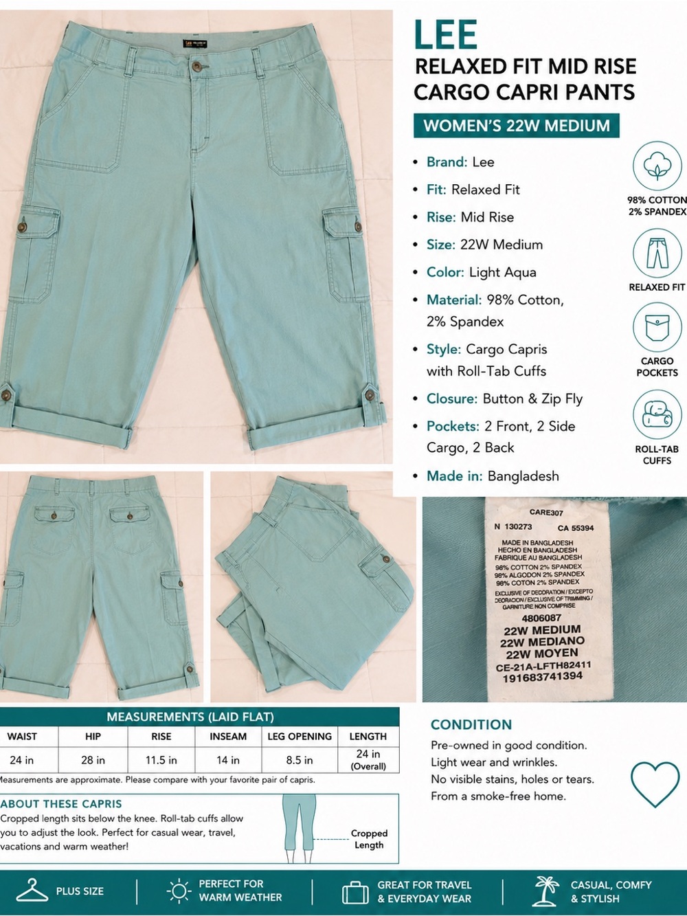 Lee Women's Light Aqua Cargo Capris
